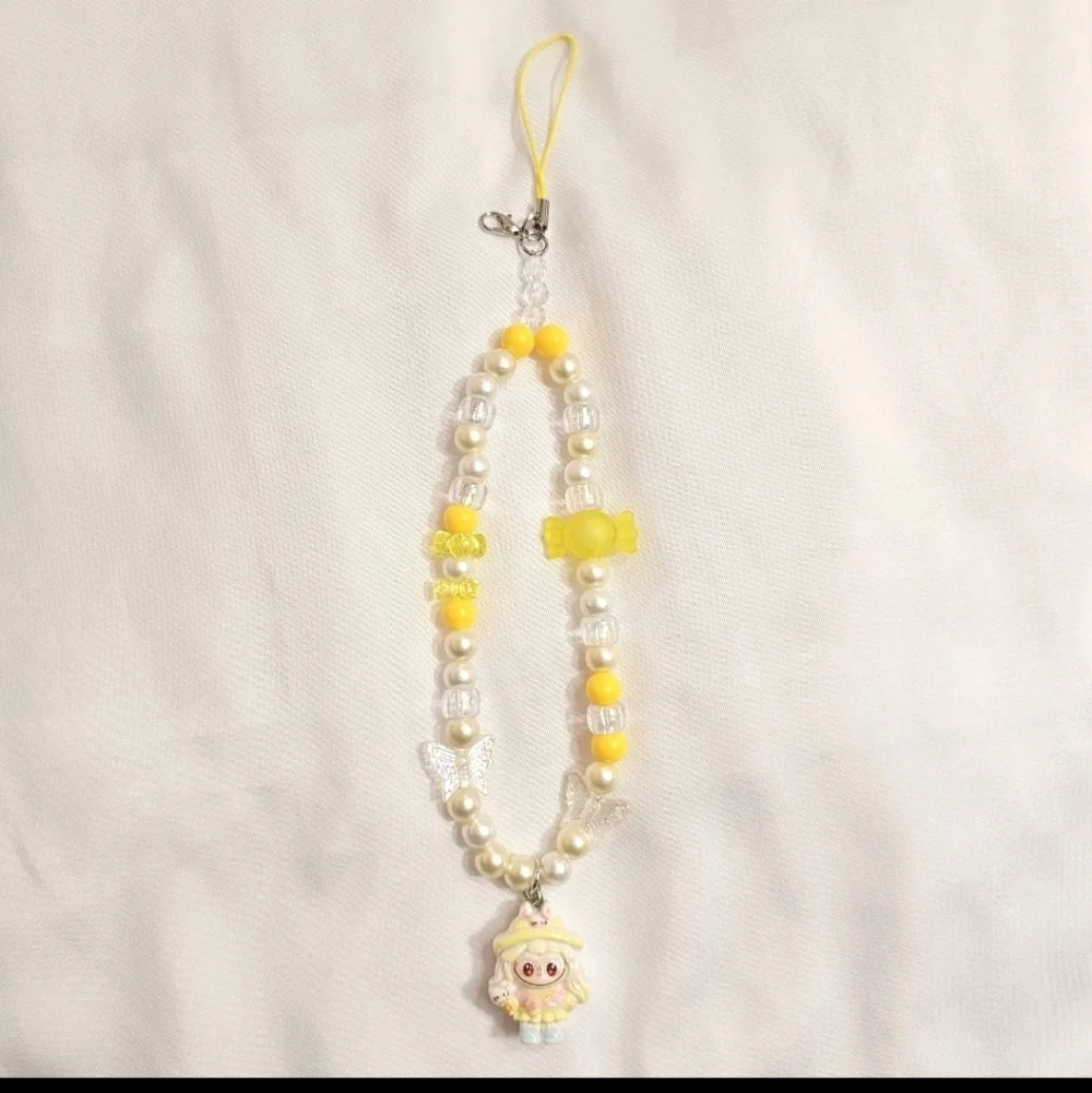Cute Pastel Yellow Girly Dainty Elegant Beaded Labubu Phone Charm or Wrist Strap